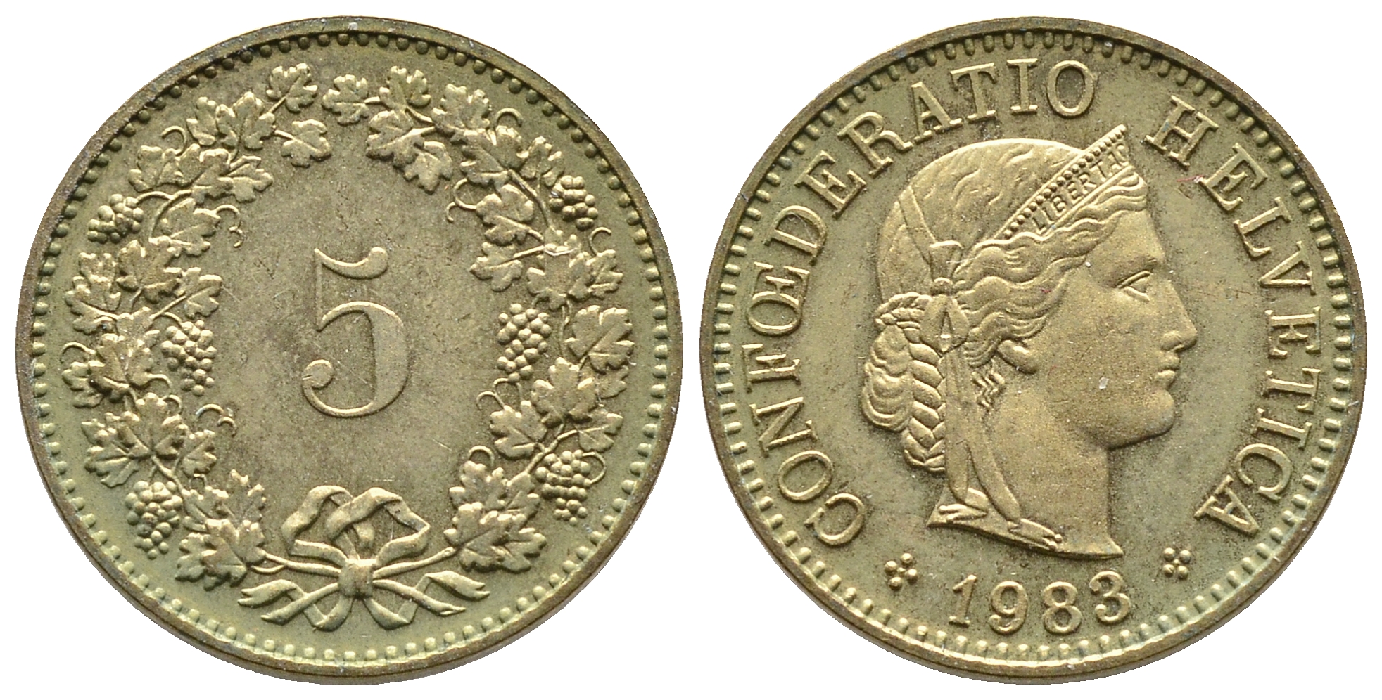 Швейцария 5 раппенов 1983 KM 26c алюминиевая бронза 75-165