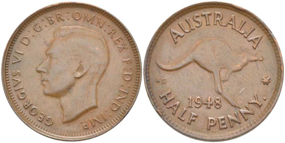 Австралия 1/2 пенни 1948 p, Георг VI (1937-1952), кенгуру KM 41 бронза 4514-831