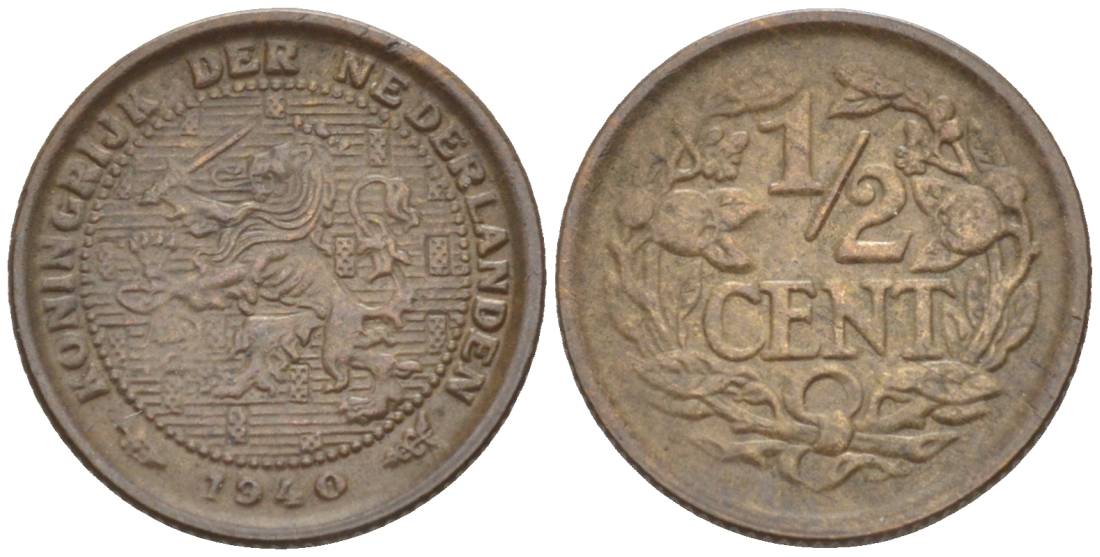 НИДЕРЛАНДЫ 1/2 ЦЕНТА 1940 ВИЛЬГЕЛЬМИНА I (1891-1948) KM 138 бронза 4547-1254