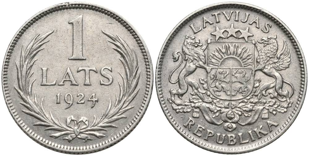 Латвия 1 лат 1924 Первая республика (1918-1939) KM 7 серебро 27-1227