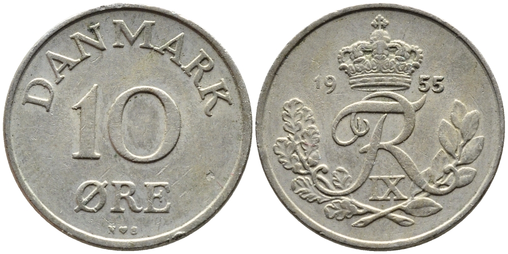 ДАНИЯ 10 ЭРЕ 1955 N; S, ФРЕДЕРИК IX (1947-1972) KM 841.1 медно-никель 4392-419