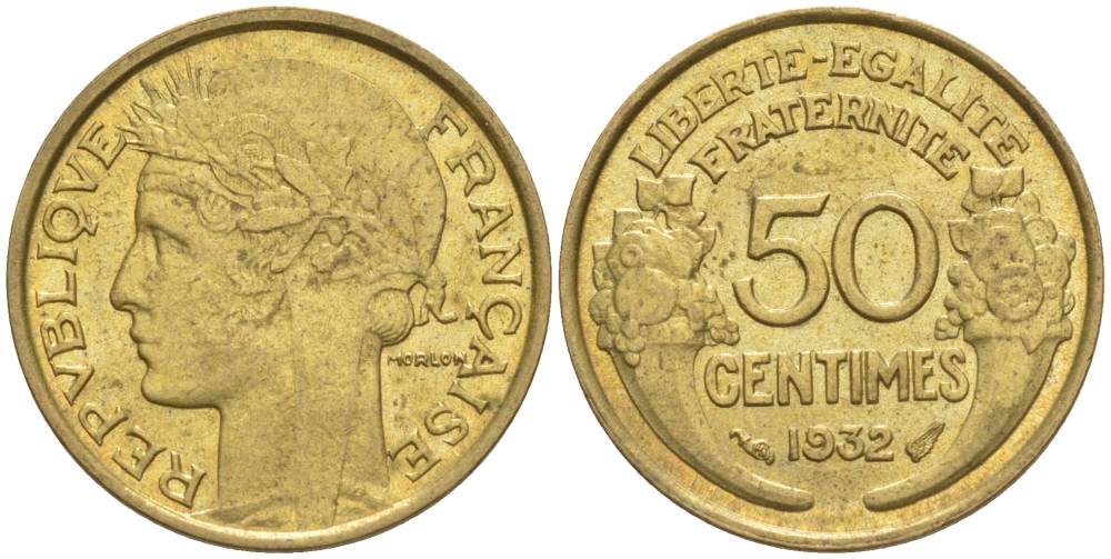 ФРАНЦИЯ 50 САНТИМОВ 1932 ТИП MORLON, OPEN 9, С ЯГОДОЙ KM 894.1, LE FRANC 192.7 алюминиевая бронза 44-721