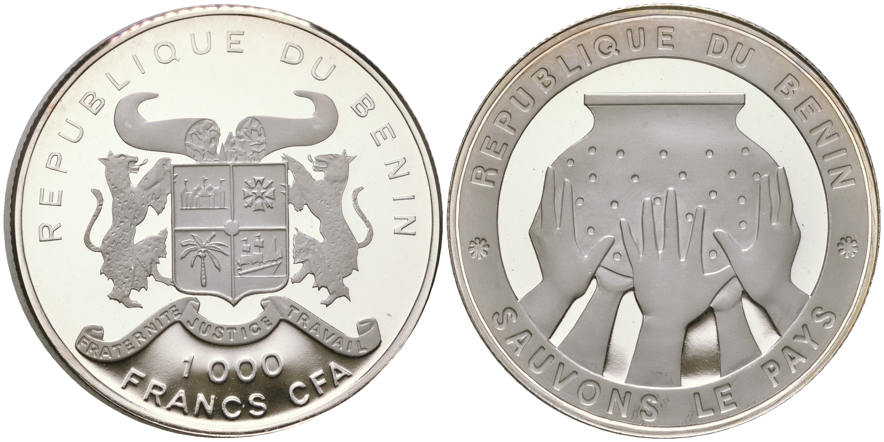 Бенин 1000 франков 1992 спасите страну, пять рук держат сосуд KM 1 серебро  PROOF  11-143-14