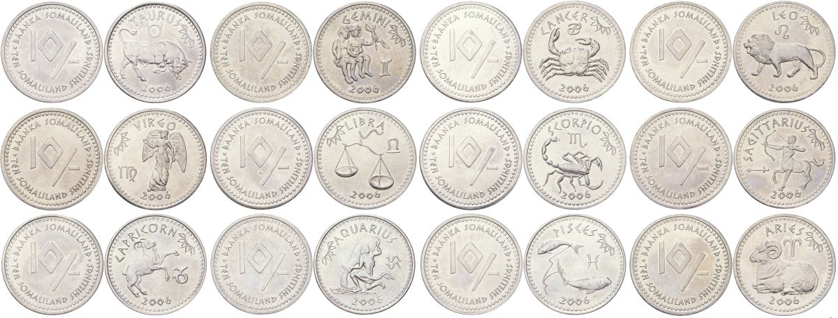 Сомалиленд полный набор из 12 монет (10 шиллингов) 2006 Знаки зодиака KM 7, 8, 9, 10, 11, 12, 13, 14, 15, 16, 17 и 18 нержавеющая сталь UNC 4612-811-825