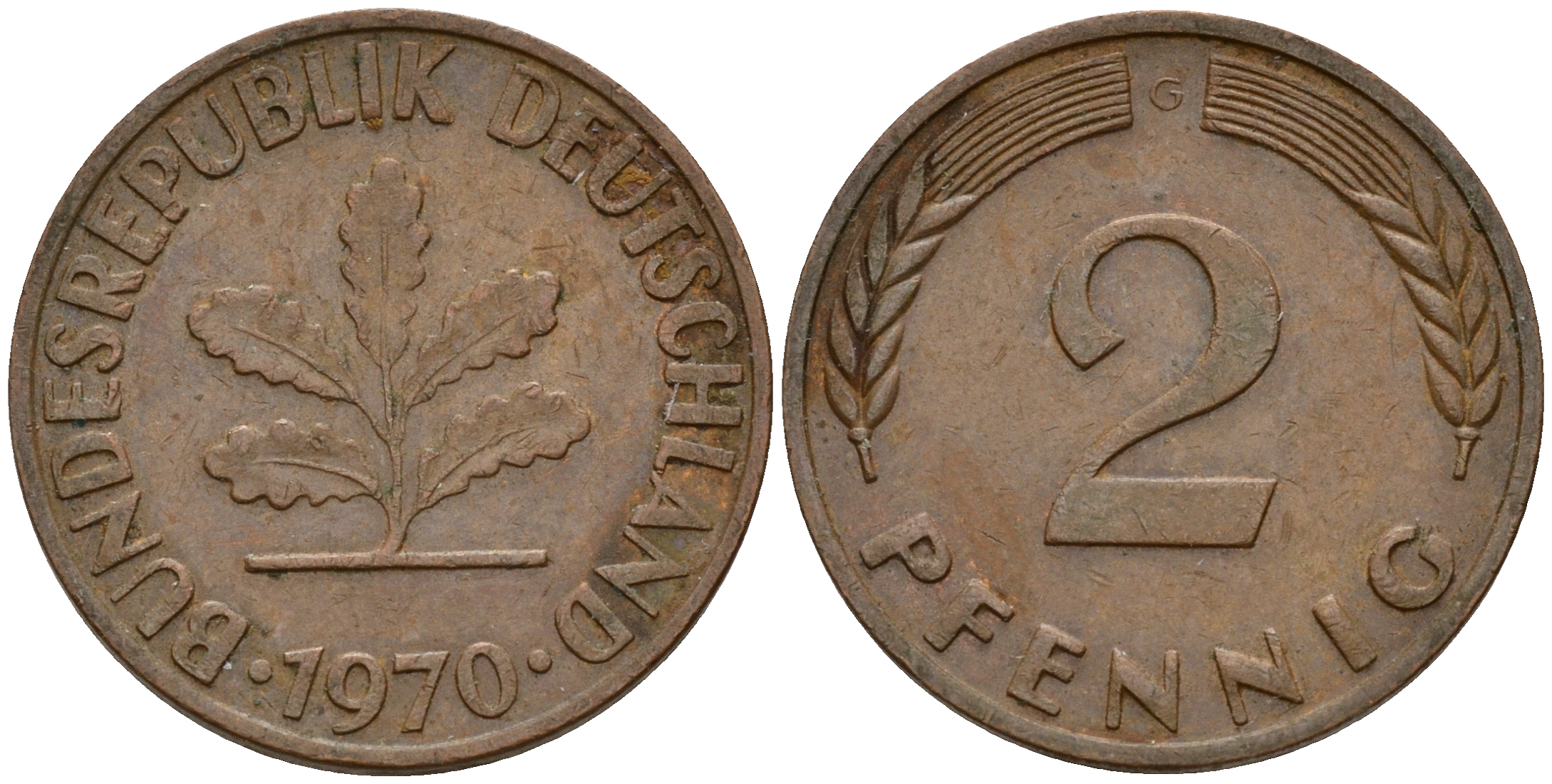 ФРГ 2 пфеннига 1970 G J.381a, KM 106a сталь плакированная медью    4598-762