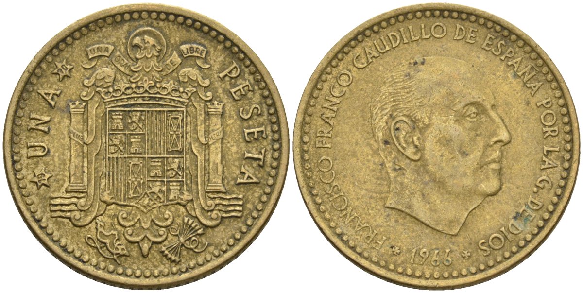 Испания 1 песета 1966 (70) Франсиско Франко (1939-1975) KM 796 алюминиевая бронза 4604-353