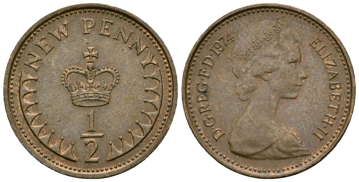 Великобритания 1/2 пенни 1974 Елизавета II (1952-2022) KM 914, Spink 4239 бронза 4136-1141