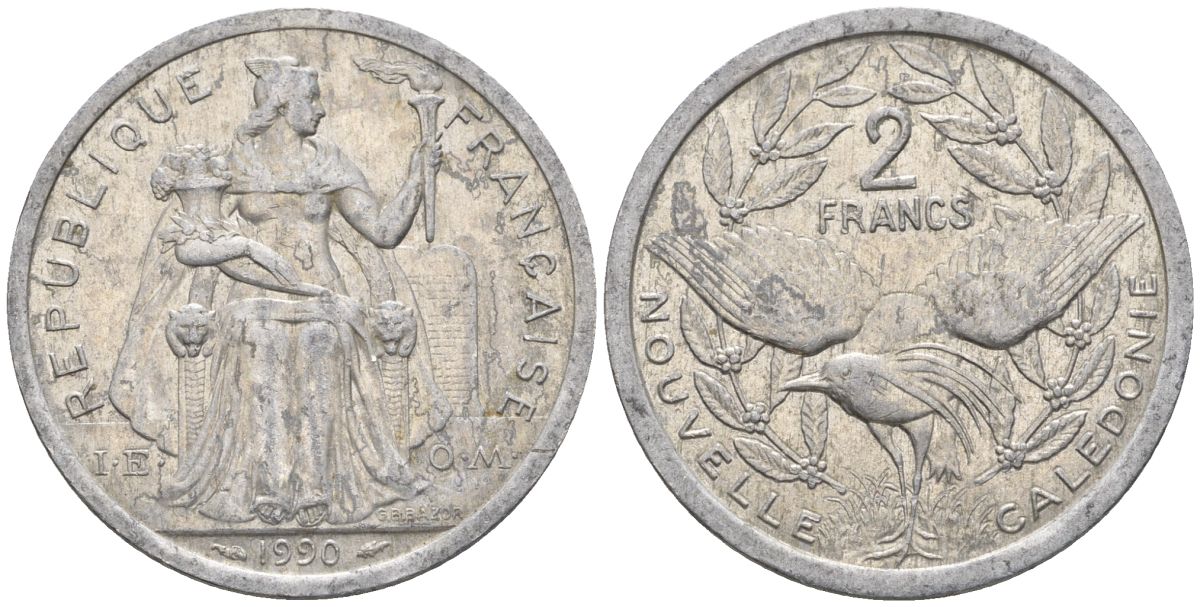 Французская Новая Каледония 2 франка 1990 птица кагу, (IEOM) KM 14, Schoen 11, Lec 66 алюминий    23-527