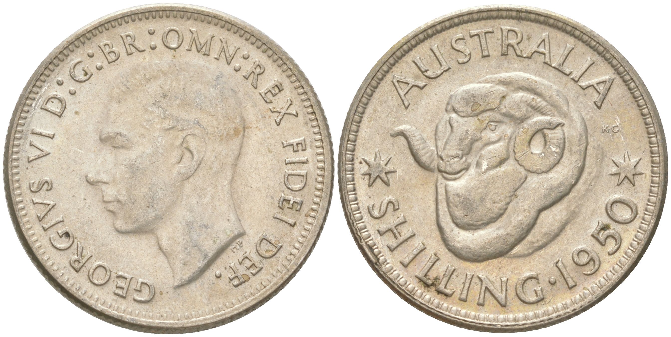 Австралия 1 шиллинг 1950 M, Георг VI (1936-1952), овца меринос KM 46 серебро 4622-136