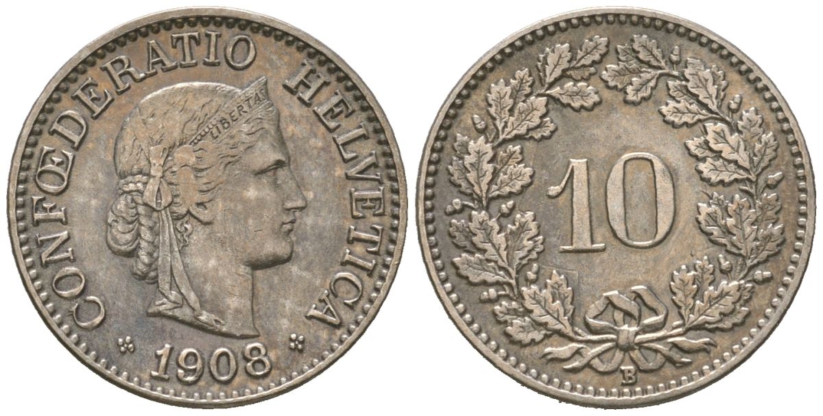 Швейцария 10 раппенов 1908 B KM 27 медно-никель 4164-1148