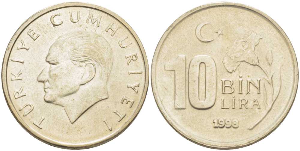 Турция 10000 лир 1998 Мустафа Кемаль Ататюрк KM 1027.2 медь никель цинк 202-143