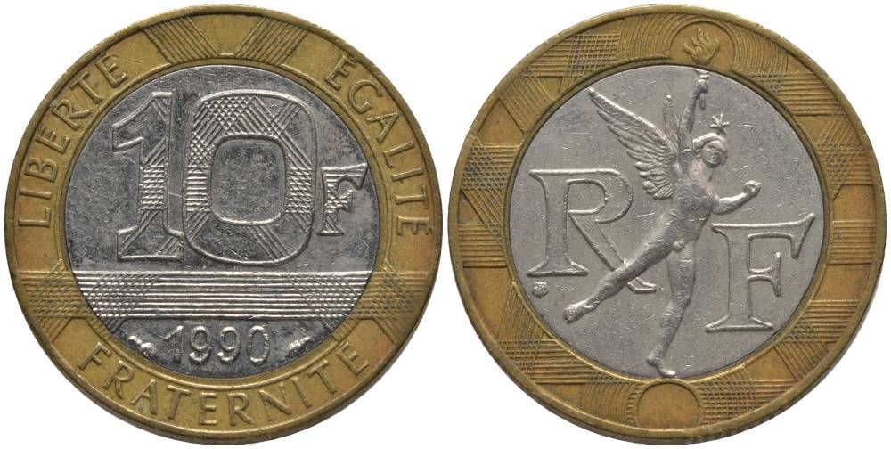 Франция 10 франков 1990 тип Гений Бастилии KM 964.1, Le Frank 375.5 биметалл 181-437