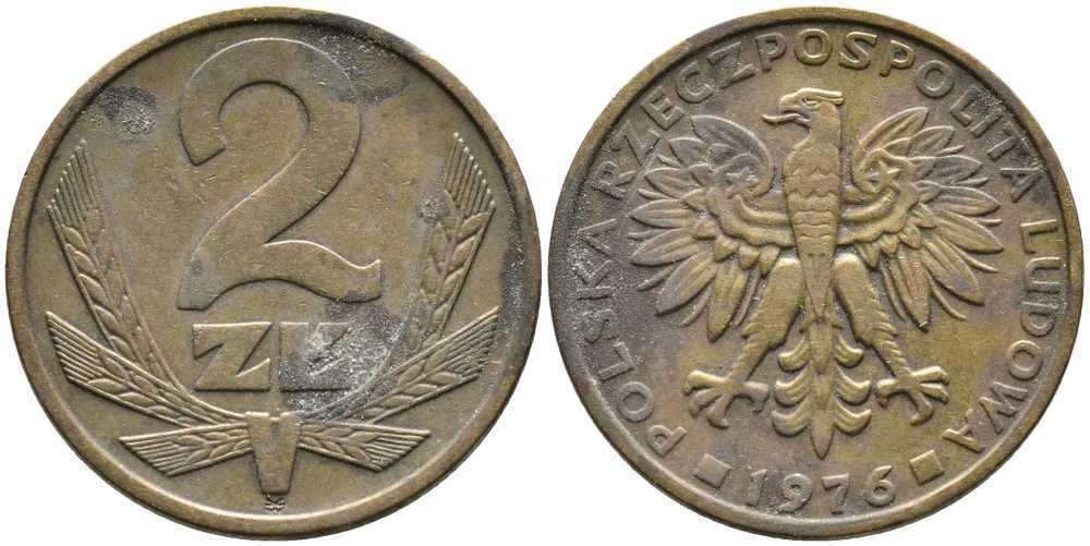 Польша 2 злотых 1976 Ленинградский монетный двор (ЛМД) KM 80.1, Parchimowicz 217b латунь 110-847