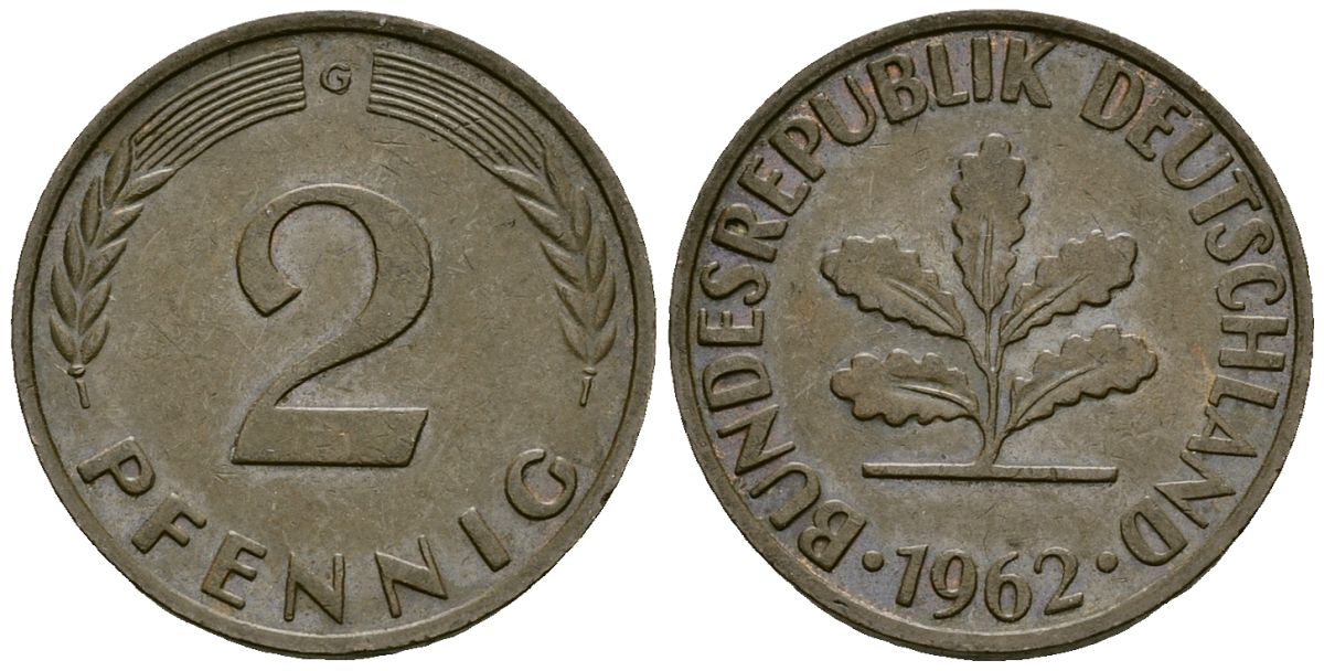 ФРГ 2 пфеннига 1962 G KM 106 бронза 4173-1139