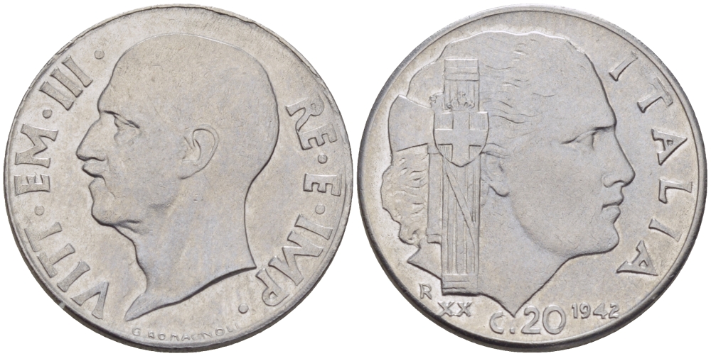 ИТАЛИЯ 20 ЧЕНТЕЗИМО 1942 ВИКТОР ИМАНУИЛ III, МАГНИТНАЯ, ГУРТ РИФЛЕНЫЙ KM 75b нержавеющая сталь 31-1156