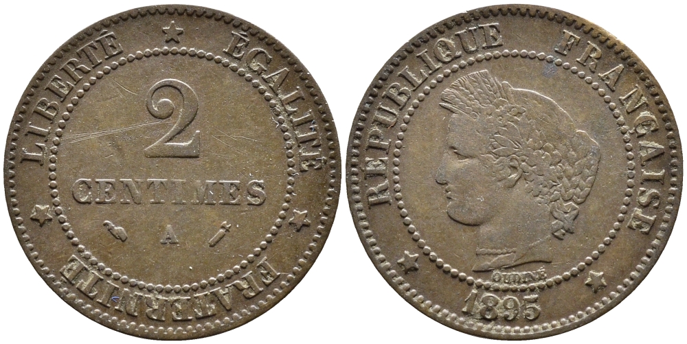 ФРАНЦИЯ 2 САНТИМА 1895 A, ТРЕТЬЯ РЕСПУБЛИКА (1871- 1940) KM 827.1, LE FRANC 109.21 бронза 4392-719