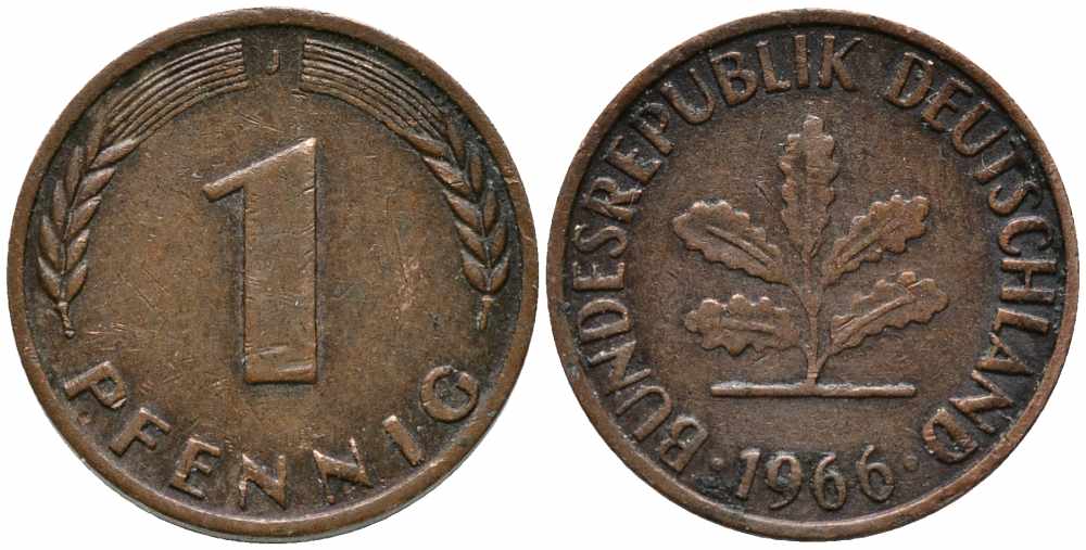 ФРГ 1 ПФЕННИГ 1966 J KM 105, J. 380 сталь плакированная медью 112-131