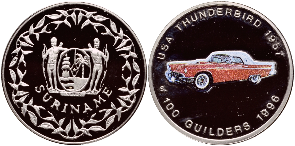 Суринам 100 гульденов 1996 США, Thunderbird 1957, эмаль KM 47 медно-никель PROOF 1524-712