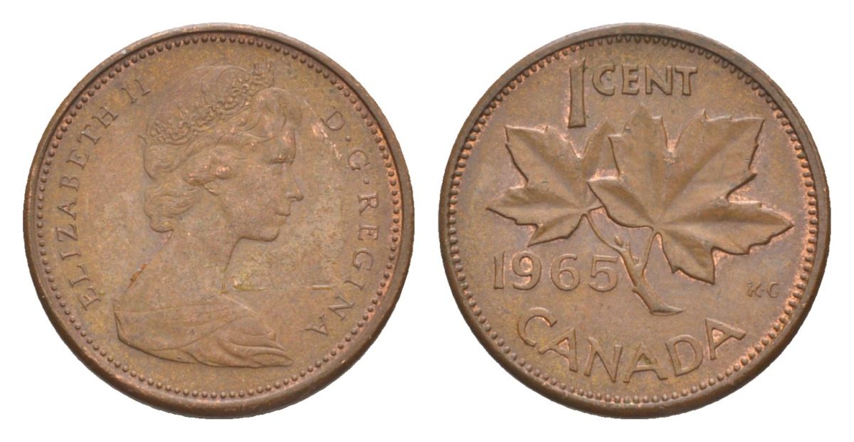 Канада 1 цент 1965 Елизавета II (1952-2022), кленовый лист KM 59 бронза 4630-543