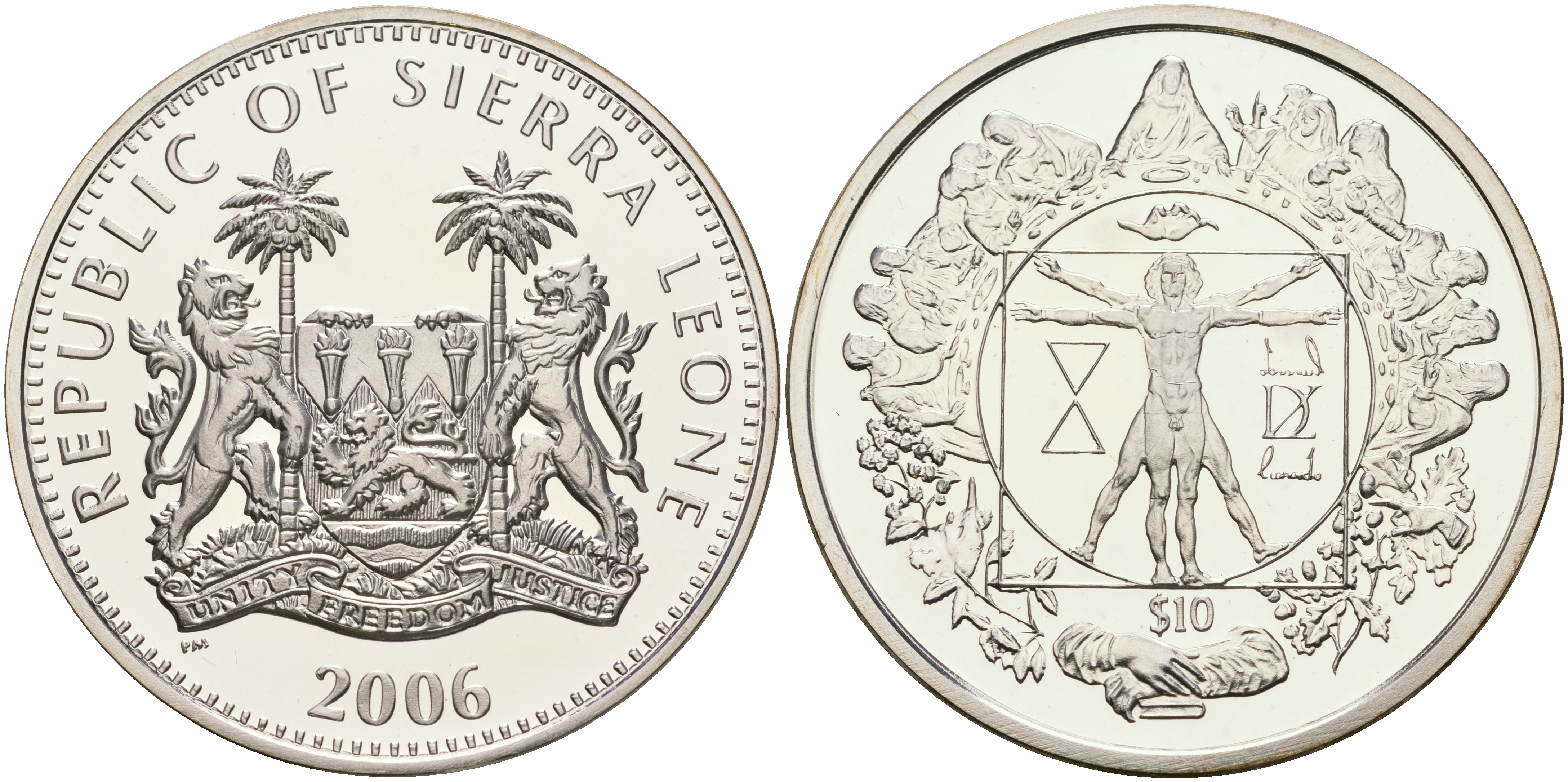 Сьерра-Леоне 10 долларов 2006 витрувианский человек KM NEW серебро PROOF 1068-1-53