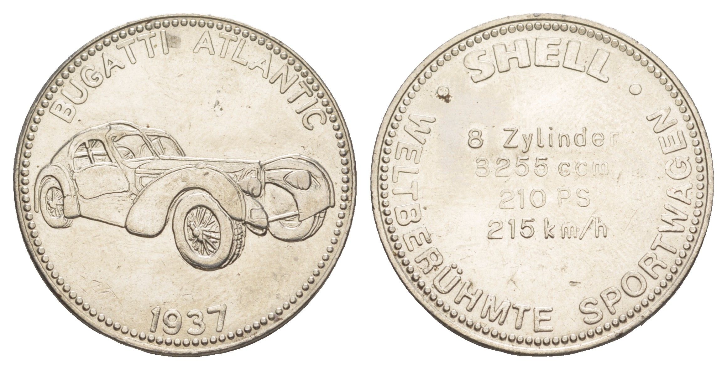 Германия жетон Shell - Знаменитые спортивные автомобили - Bugatti Atlantic 1937 ND диаметр 29,6 мм, вес 9,8 гр сталь плакированная никелем 4175-916