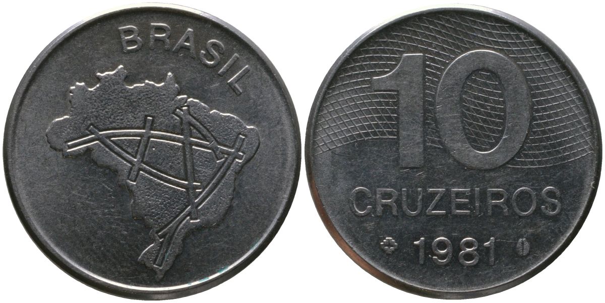 Бразилия 10 крузейро 1981 KM 592.1, Schon 101 нержавеющая сталь aUNC 4514-1015