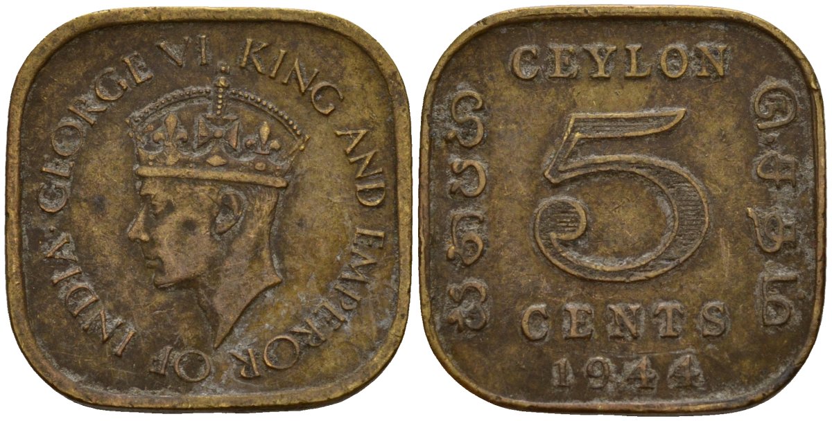 Цейлон 5 центов 1944 Георг VI (1937 - 1952) KM 113.2 никель латунь 4156-342