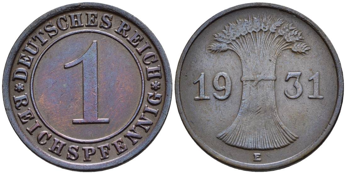 ГЕРМАНИЯ 1 РЕЙХСПФЕННИГ 1931 E KM 37, J. 313, Weege 2 бронза 4547-157