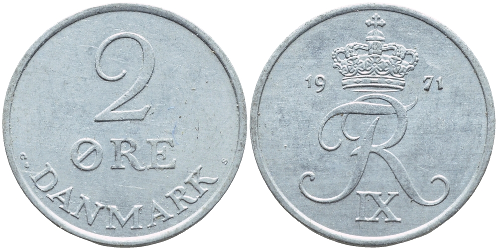 Дания 2 эре 1971 C; S, Фредерик IX (1947-1972) KM 840.2 цинк 37-827