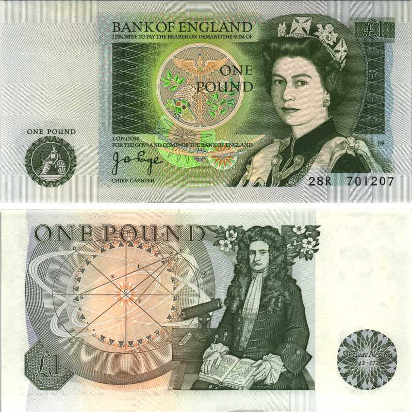 Англия 1 фунт ND (1978-1984) сэр Исаак Ньютон, зеленая подпись J.B. Page Pick 377 а  бумага аUNC 7214-32-4-1