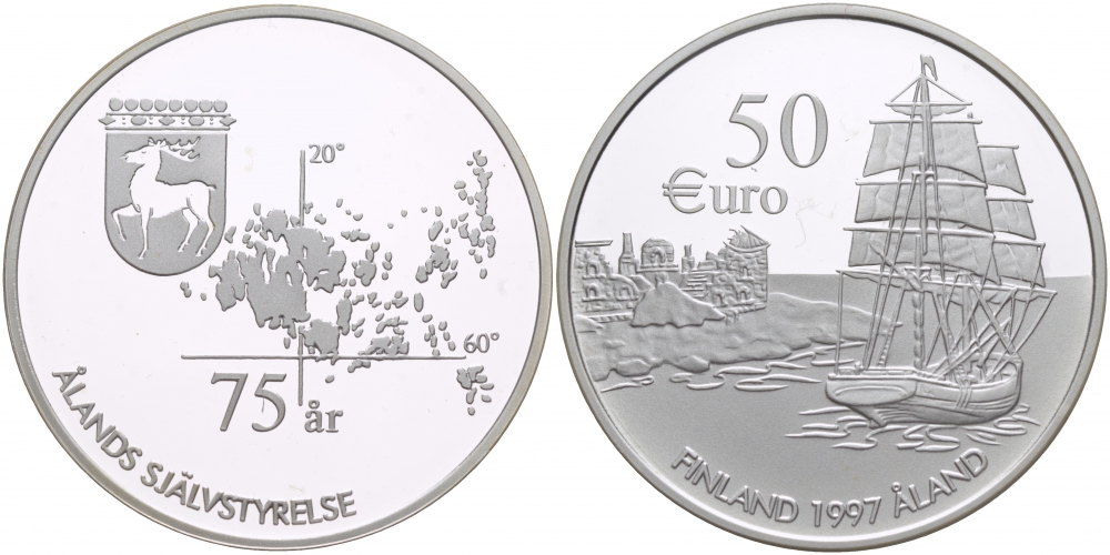 Финляндия 50 евро 1997 75 лет Аландскому самоуправлению, корабль серебро PROOF 1068-4-22