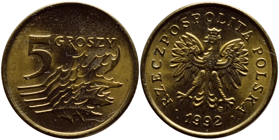 Польша 5 грошей 1992 MW KM 278 латунь UNC 26-718