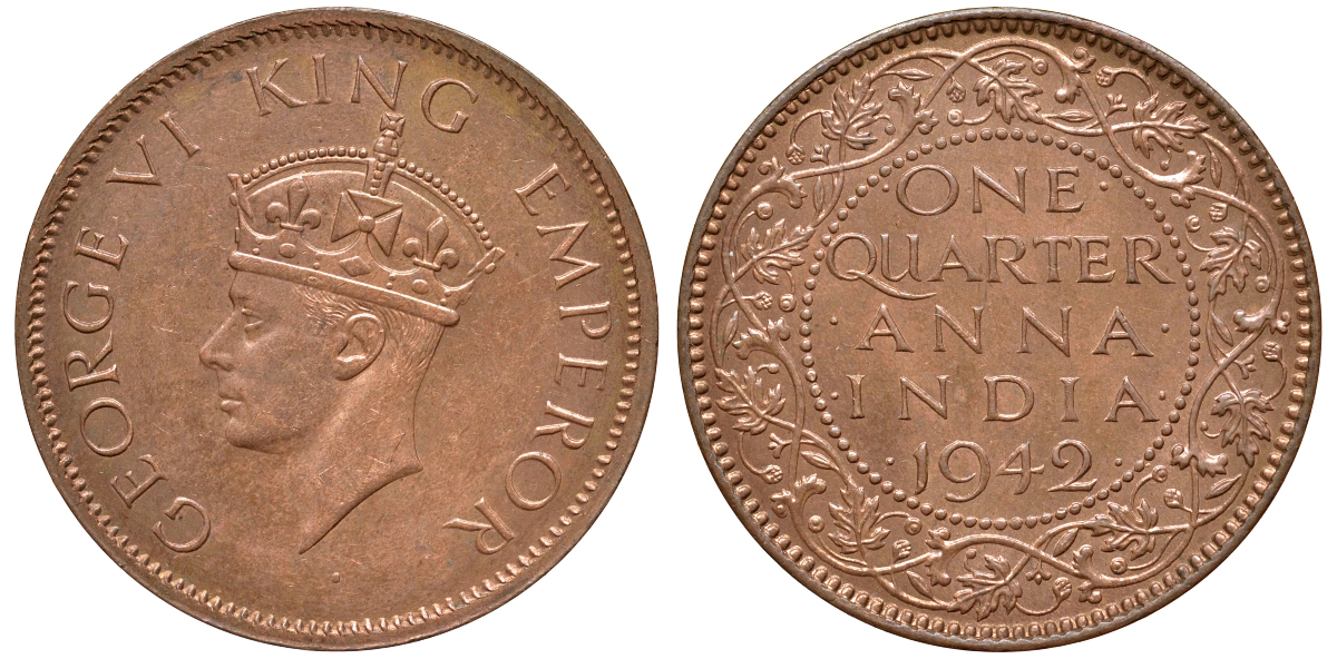 Британская Индия 1/4 анна 1942 Георг VI (1937-1952) KM 531 бронза aUNC 4178-747