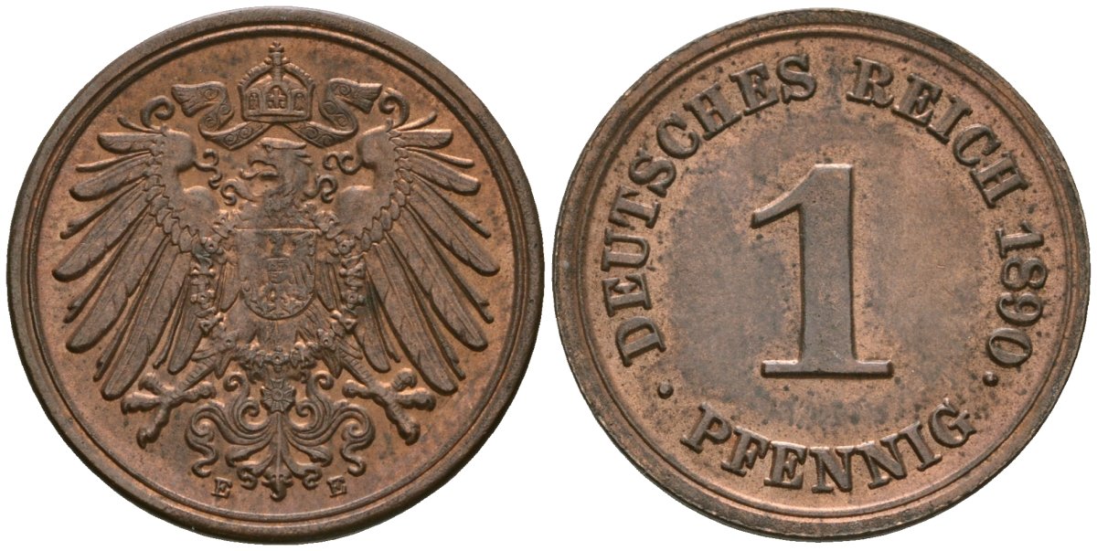 Германия 1 пфенниг 1890 E, Вильгельм II (1888-1918) KM 10, J. 10 медь 4608-155