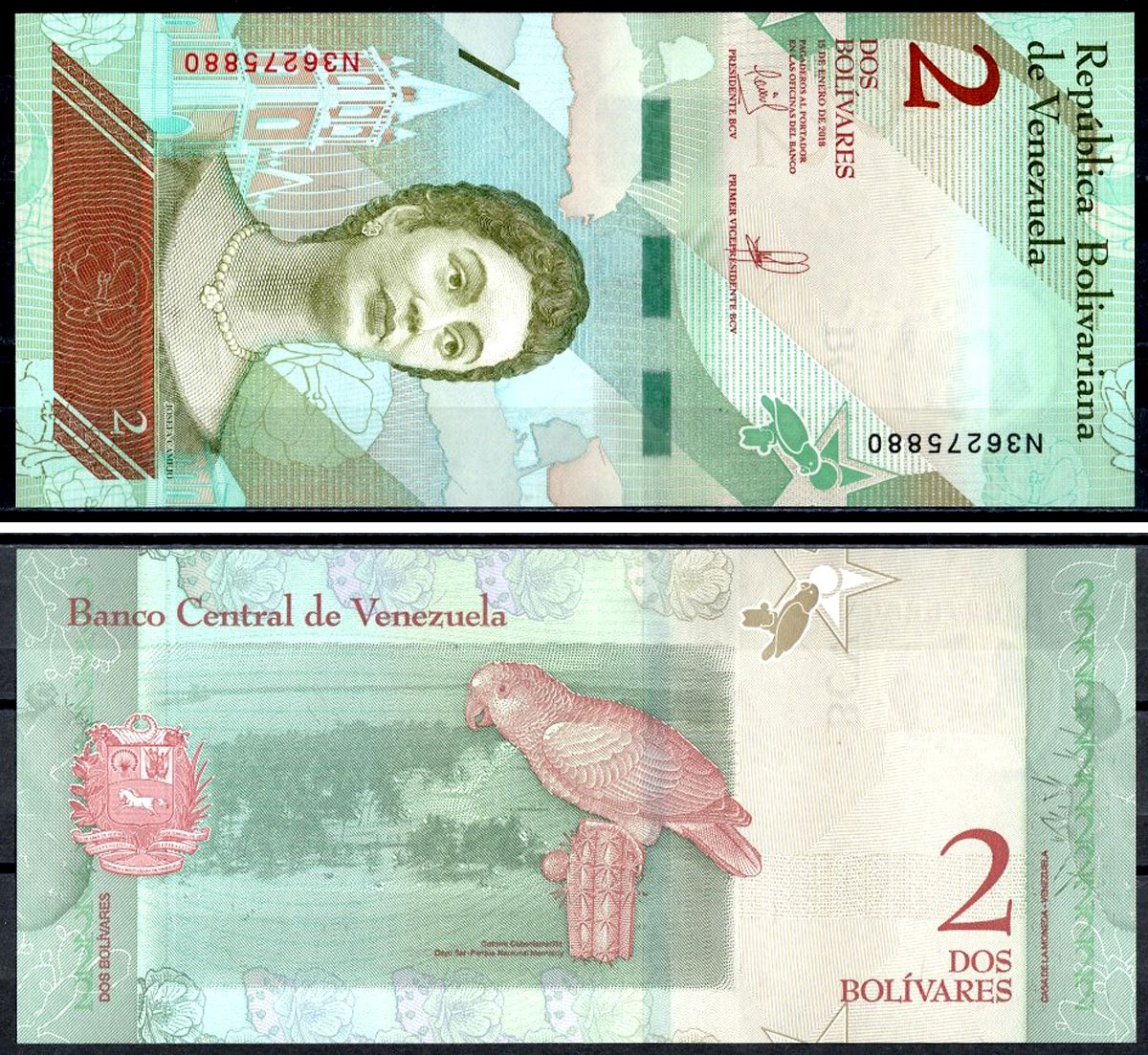 Венесуэла 2 боливара 2018 15 января 2018, Хосефа Камехо, попугай Pick 101 бумага UNC (пресс) 402-68-3-2