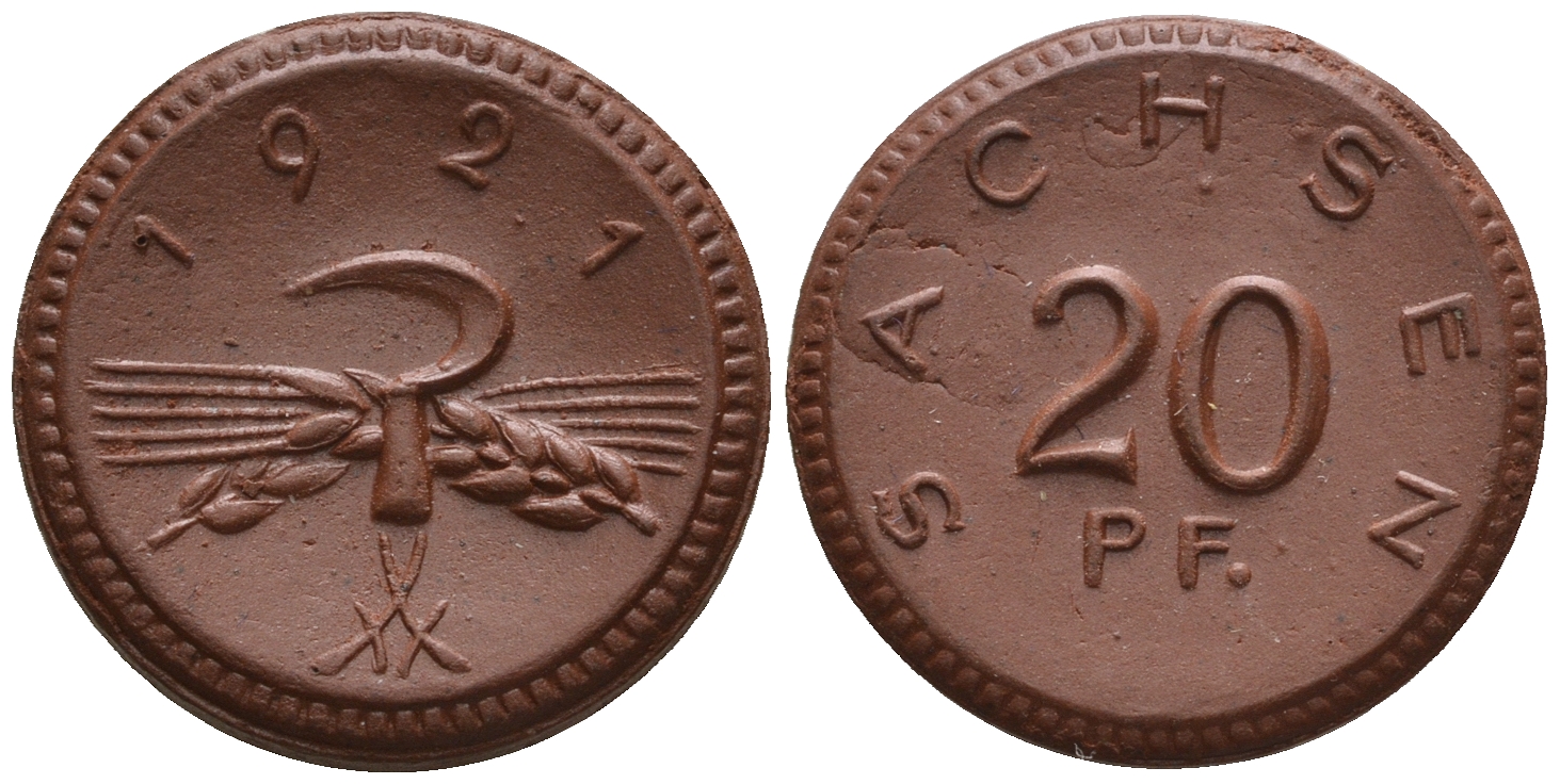 Саксония 20 пфеннигов 1921 колосья и серп J. N 53 фарфор UNC 1094-8-83