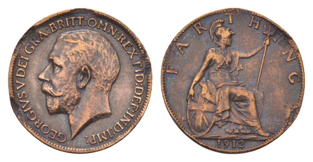 Великобритания 1 фартинг 1912 Георг V (1910-1936) KM 808.1, Spink 4059 бронза 4623-1029