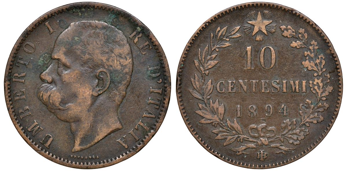 Италия 10 чентезимо 1894 B/I, Умберто I (1878-1900) KM 27.1 медь 4512-813