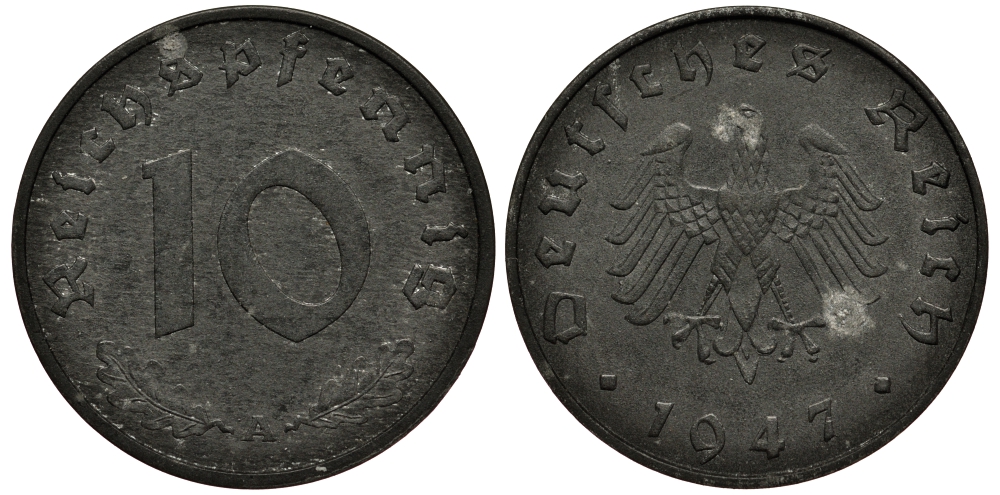 Германия 10 рейхспфеннигов 1947 F, оккупация Германии союзными войсками J. 375, KM A104 цинк 413-3234