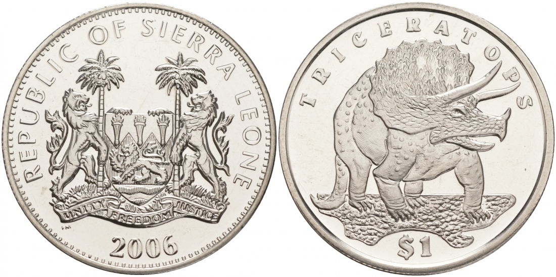 Сьерра-Леоне 1 доллар 2006 серия динозавры, трицератопс KM 310 медно-никель UNC M20-20
