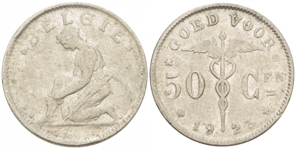 БЕЛЬГИЯ 50 САНТИМОВ 1923 BELGIE KM 88 никель 261-1651