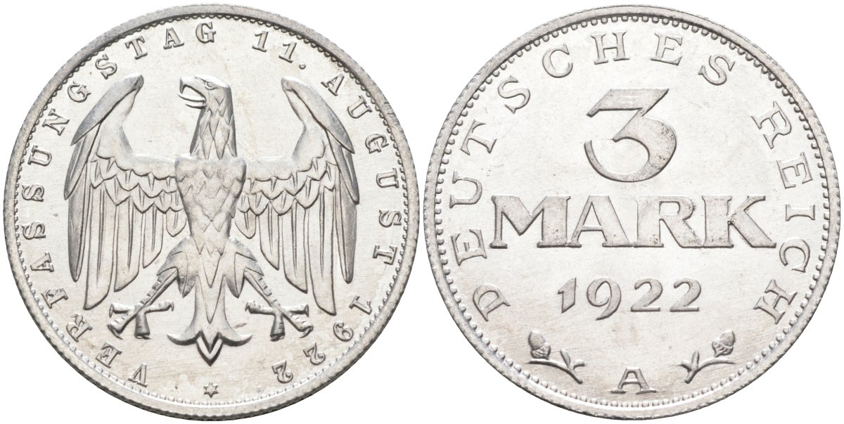 Германия 3 марки 1922 A, третья годовщина Веймарской Конституции KM 29, J.303 алюминий UNC 4587-231