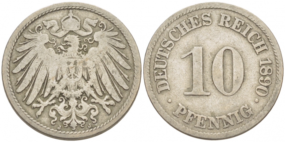 ГЕРМАНИЯ 10 ПФЕННИГОВ 1890 А KM 12, J. 13 медно-никель 175-1057