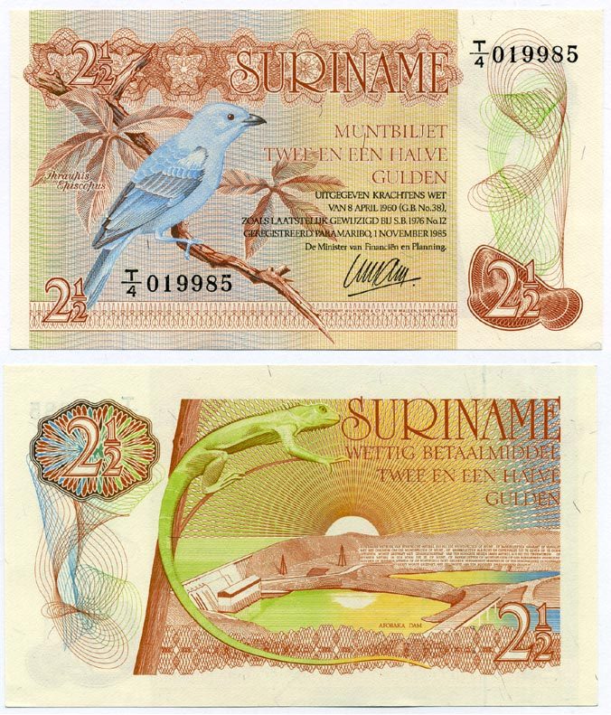 Суринам 2 1/2 гульдена 1985 голубая танагра, дамба Pick 119 a бумага UNC (пресс) 8592-8-1-1