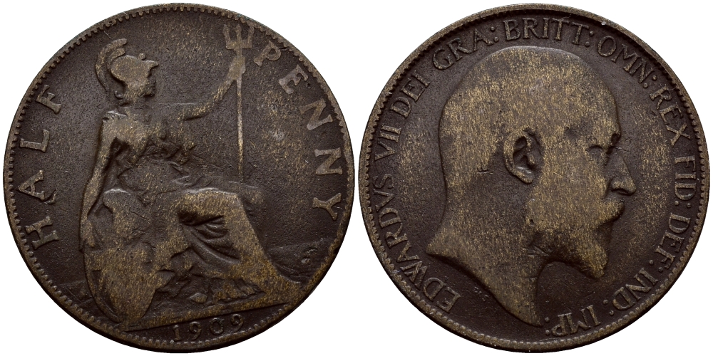 Великобритания 1/2 пенни 1909 Эдуард VII (1901-1910) KM 793.2, Spink 3991 бронза 58-1257