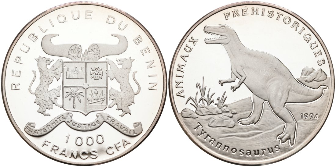 Бенин 1000 франков 1994 тиранозавр KM 9 серебро PROOF 00-00