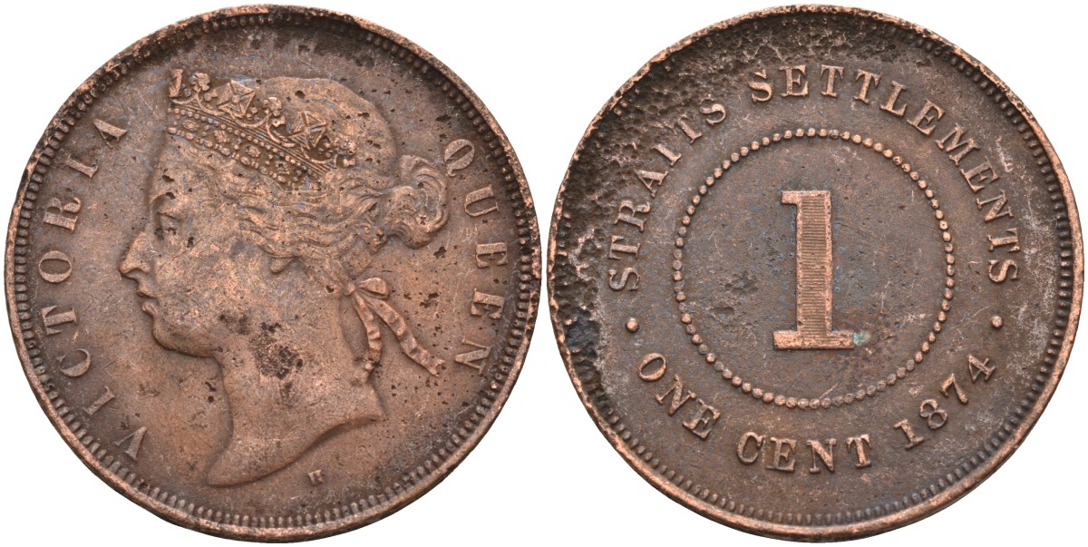 Стрейтс-Сетлментс 1 цент 1874 Виктория (1837-1901), Ост-Индская компания KM 9 медь 4590-412