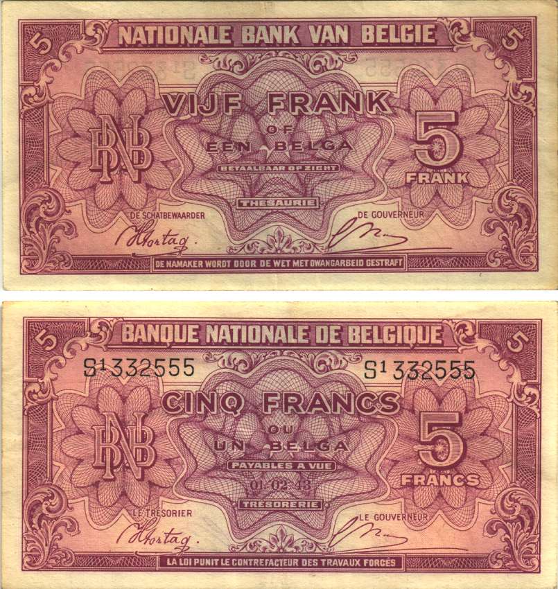 БЕЛЬГИЯ 5 ФРАНКОВ 1944 1 ФЕВРАЛЯ 1943, КОРОЛЬ В ИЗГНАНИИ Pick 121 бумага VF 7552-30-1-1