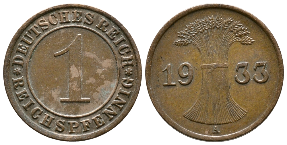 ГЕРМАНИЯ 1 РЕЙХСПФЕННИГ 1933 A KM 37, J. 313 бронза 4380-1241