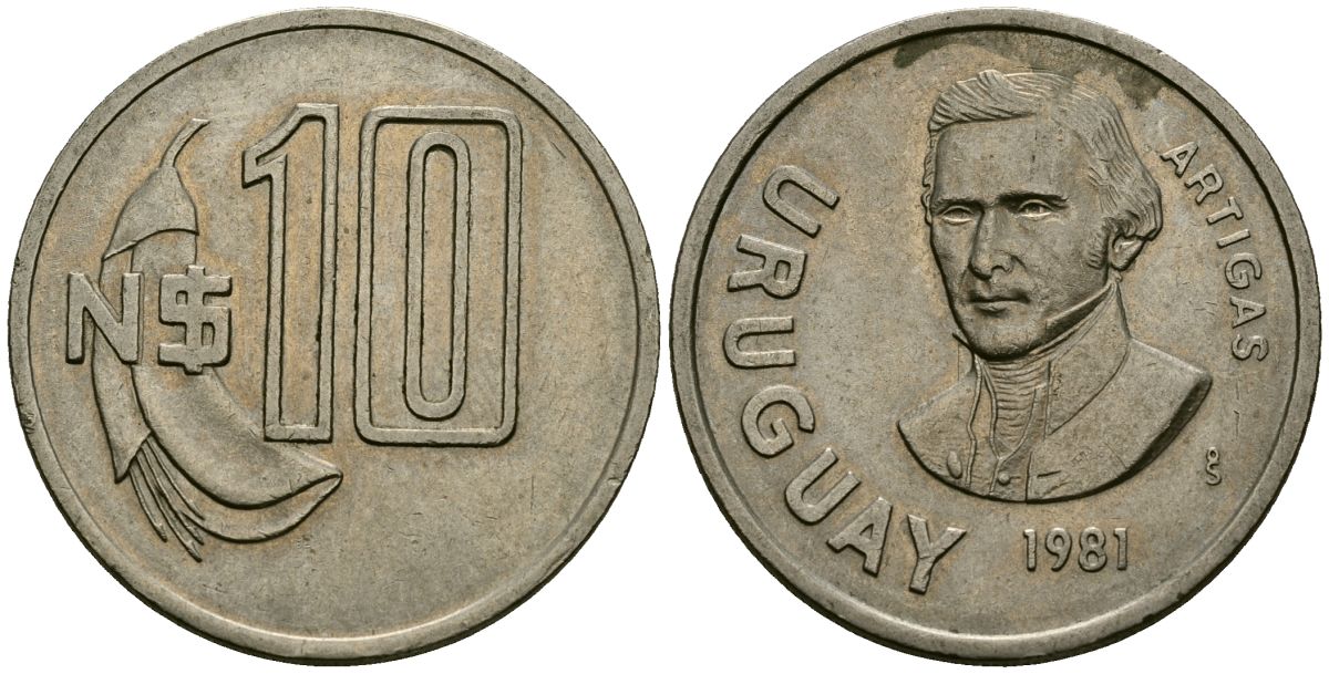 Уругвай 10 песо 1981 Хосе Хервасио Артигас KM  79, Schoen  55 медно-никель 4111-815